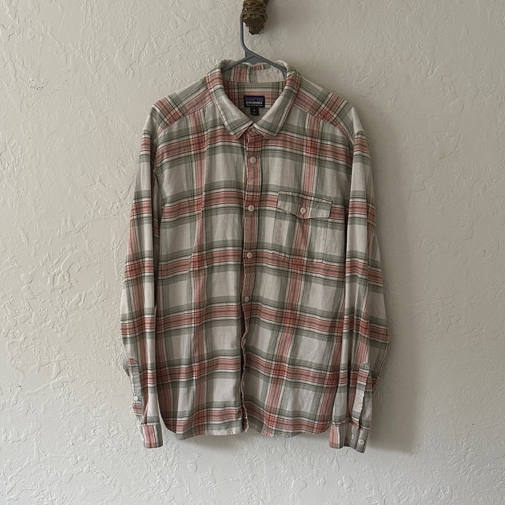 Patagonia Men's Plaid Flannel Button Down Shirt - Orange and cream